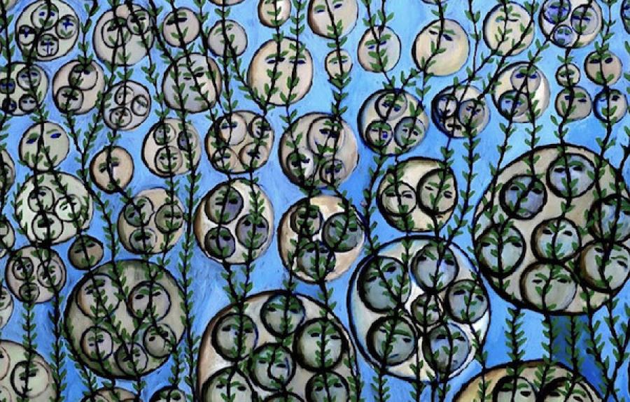 Painting, blue background, circles with circles inside, plant shapes over all