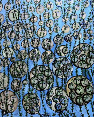 Painting, blue background, circles with circles inside, plant shapes over all