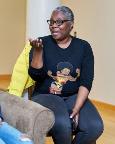 Noliwe Rook, professor of Africana studies in the College of Arts and Sciences, helps lead a discussion during a Wonder Women class this fall on North Campus. 